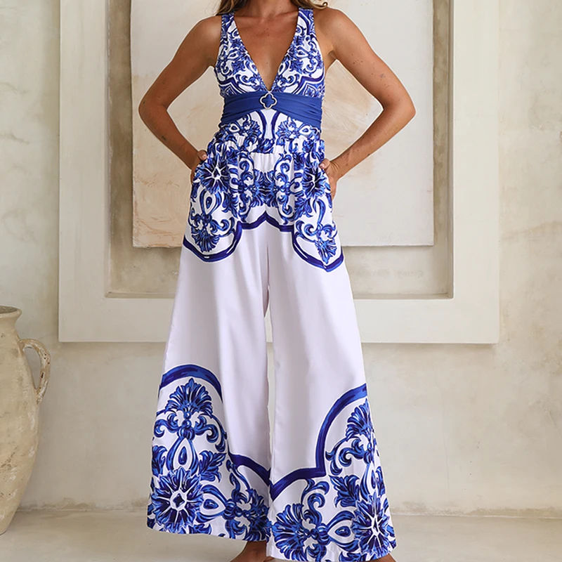 Trajes de baño para mujer 2025, vestido de playa con cuello en V, traje de baño de una pieza con estampado clásico de la serie Majolica, pantalones o pantalones cortos, ropa de playa
