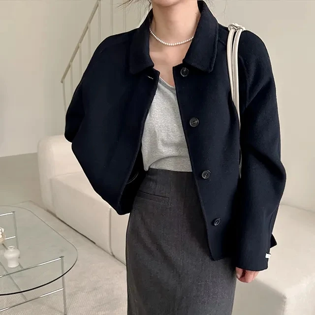 단추 코트 직선형 긴 소매 단추 짧은 단순한 한국 스타일 겨울 카라 단순한 단일 버튼 짧은 울 코트 재킷 외투 코트