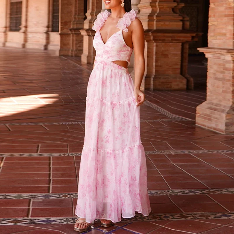 

Spring Summer Vacation Women's Dress Sexy Deep V Hollow Floral Print Long Dress Ruffle Edge Suspender Pleated Beach Party Dress