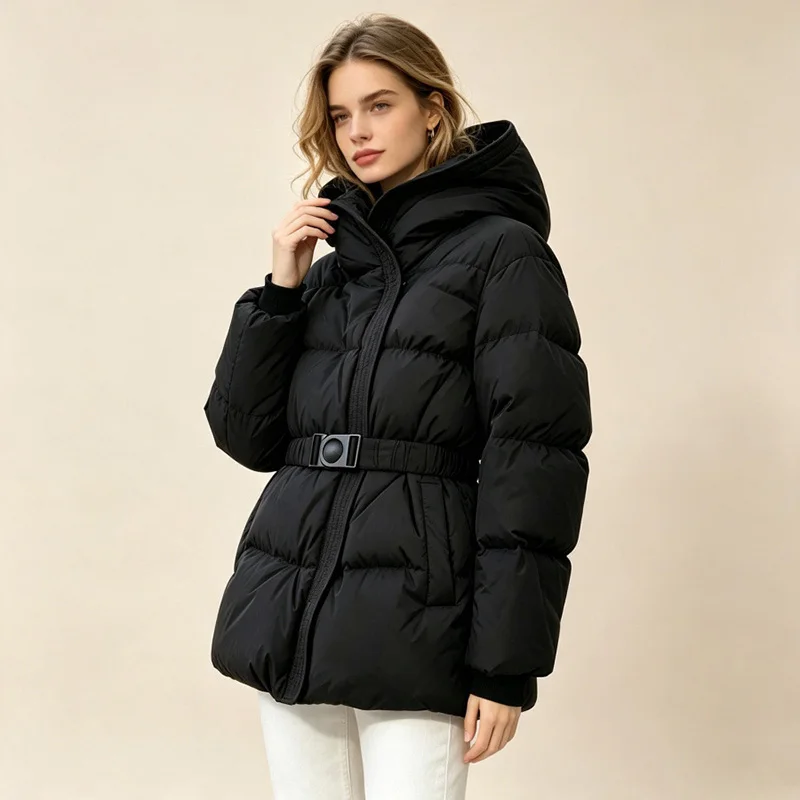 Schinteon Women White Down Jacket with Hood Solid Color Fashionable Autumn Winter Warm Outwear Parka Belt 2026 New Real Pictures