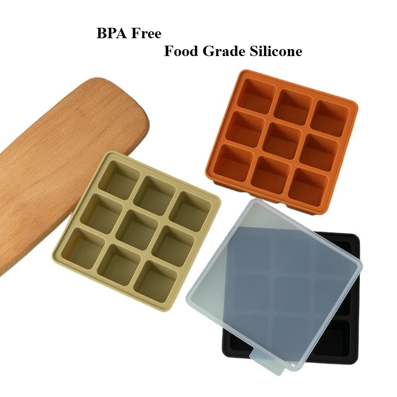 BPA FREE Food Grade Silicone Ice Cube Mold With Lid 9 Grid Large Square Ice Tray Easy Demold Safe For Family Kids Home Drinks
