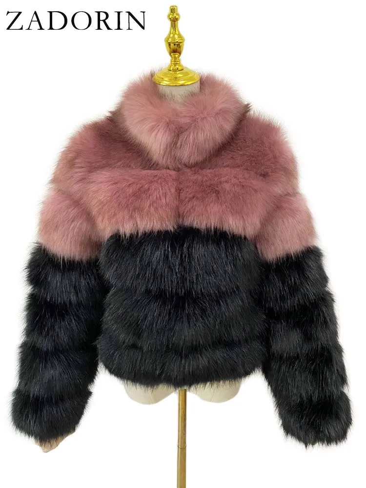 ZADORIN New Designer Women Winter Coat 2024 Stand Collar Contrast Colors Warm Fluffy Faux Fox Fur Coat Women Fur Jacket Coats