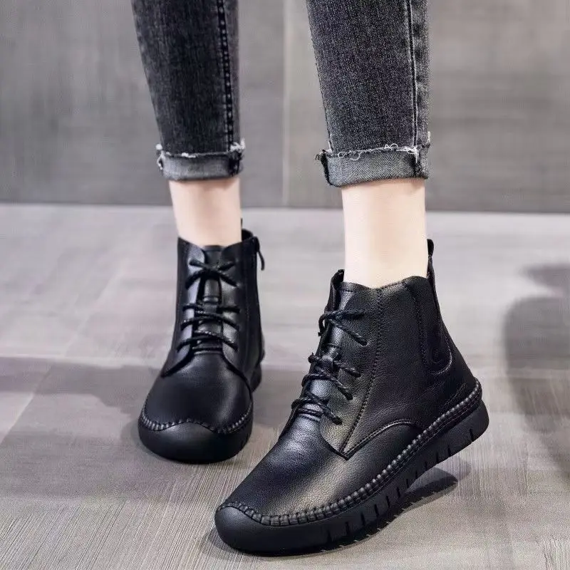 Women Autumn Winter New Real Leather Flat Sole Ankle Boot Soft Sole Round Toe High Quality Plush Keep Warm High Top Cotton Boots