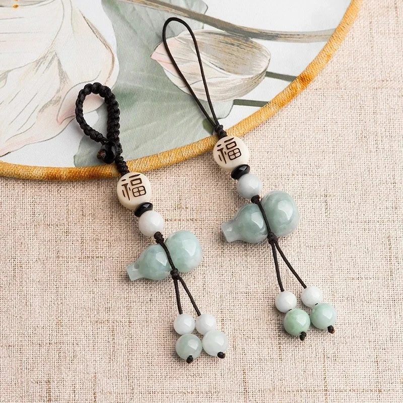 

Original Natural A Goods Jadeite Gourd Mobile Phone Pendant Chinese Style Simple Jade Car Key Chain Bag Hanging Men and Women