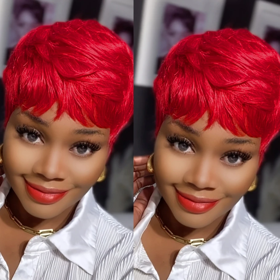 

Парик красного цвета, короткая стрижка пикси, прямые человеческие волосы, парик Remy Hair с челкой, парик, полный машинный парик, плотность 150%, 6 дюймов