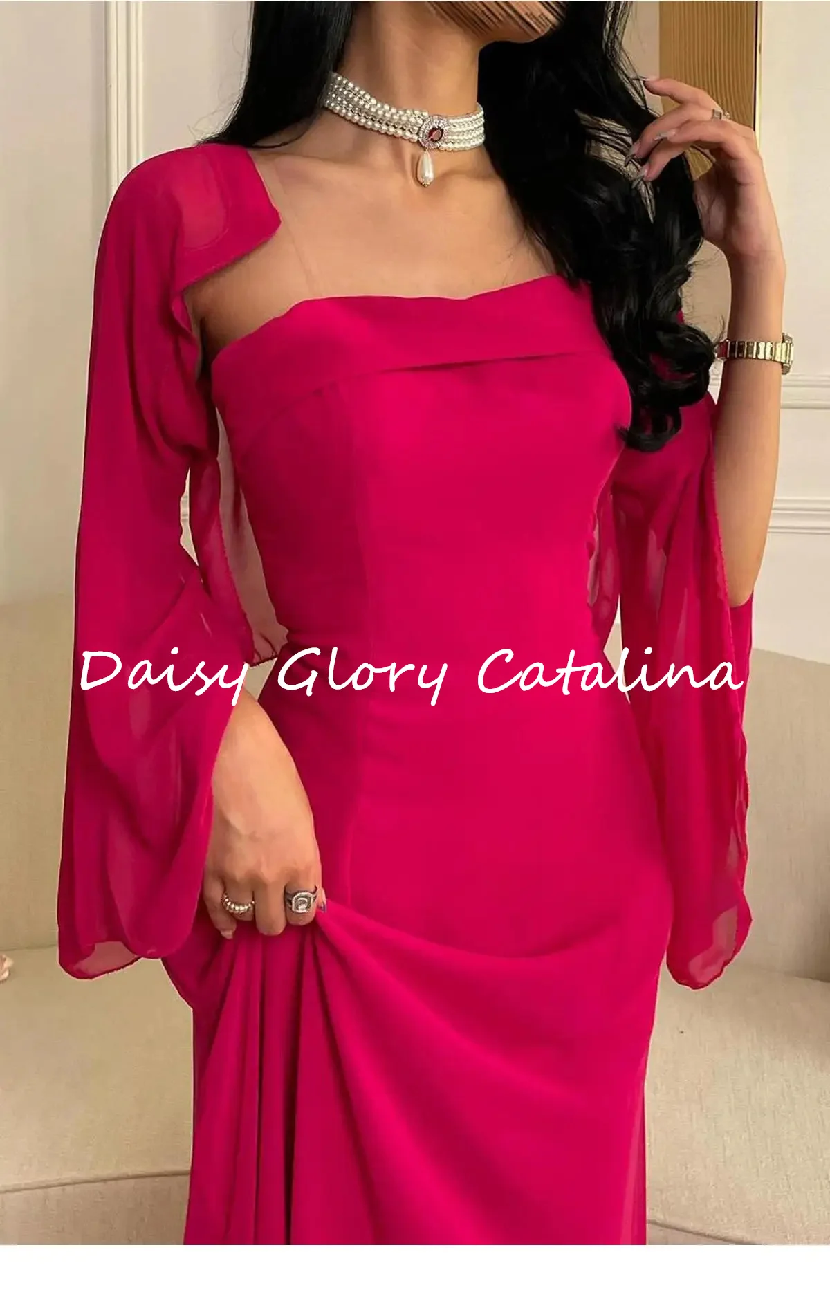 Elegant Pink Prom Dress Strapless Chiffon Evening Dresses Long Sleeves Vintage Floor Length Saudi Arabia Formal Wedding Party