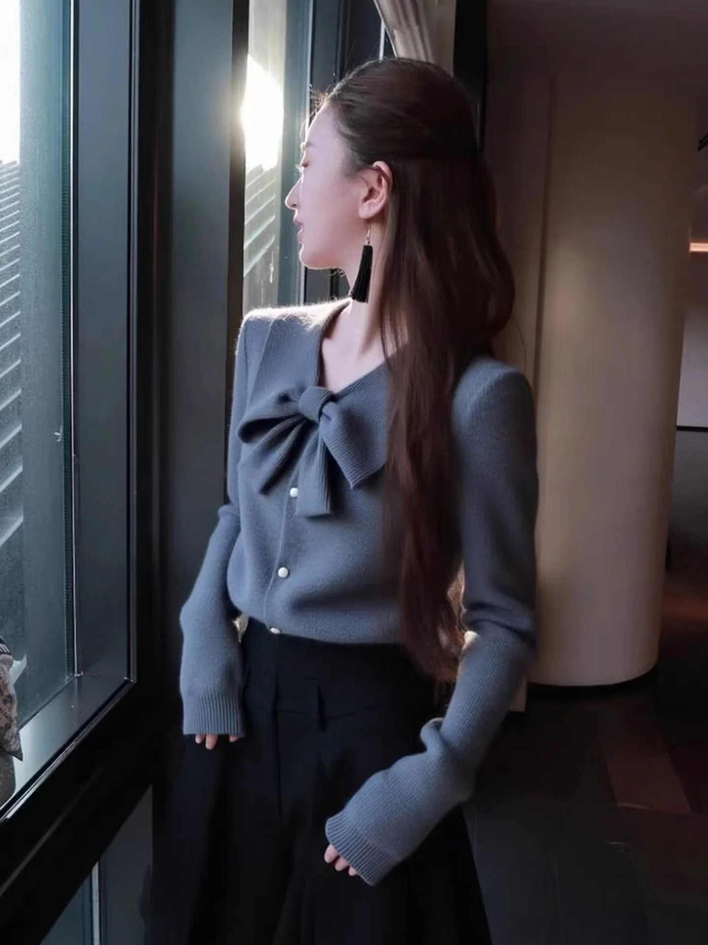 

Ele Winter Knitwear Long Sve Women's Top Pure Color Versatile Knot Design Commute Korean Sle Loose Fit