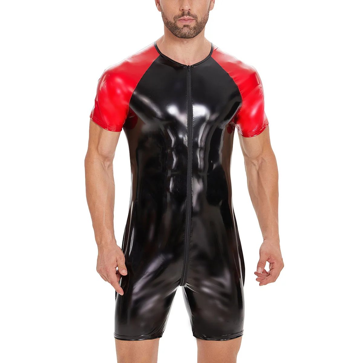 

Men's Shiny PVC Leather Wet Look Bodysuits Sexy Zipper Open Crotch Leotards Short Sleeve Jumpsuits Slim-fit Rompers Club Wear