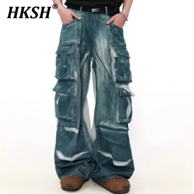 

HKSH Spring Summer New Men's Tide Y2K Streetwear American Washed Denim Pants Oversized Loose Jeans Draped Ink Tie Dye Ins HK5445