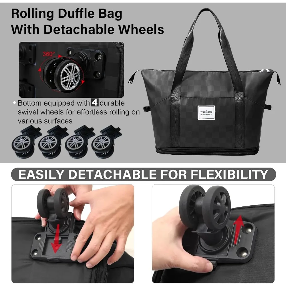 حقيبة من القماش الخشن قابلة للتوسيع وقابلة للطي مع عجلات، حقيبة ظهر قابلة للفصل للسفر في عطلة نهاية الأسبوع والأعمال ومغامرات التخييم #4