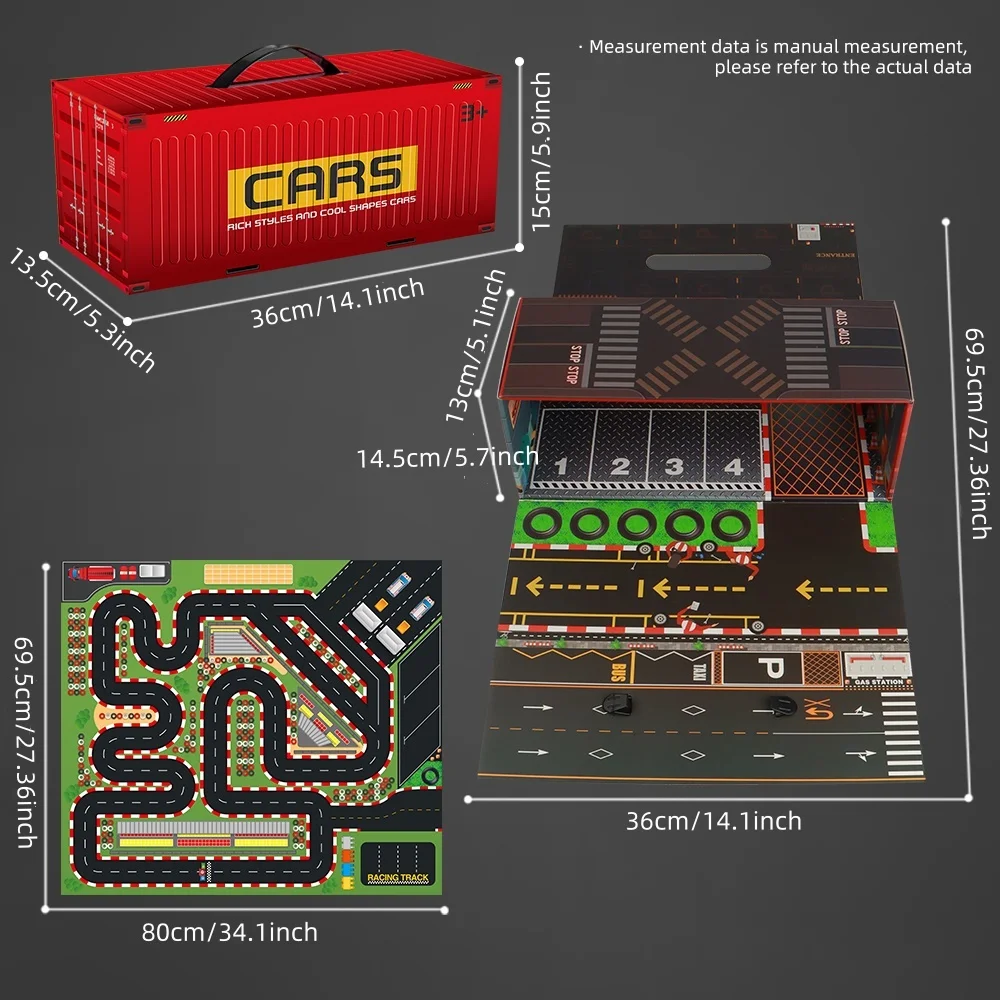 Juego de coches de carreras de Metal fundido a presión, caja de almacenamiento de contenedores, alfombra de mapa de escena de carreras, patrón de carreras, 30 piezas