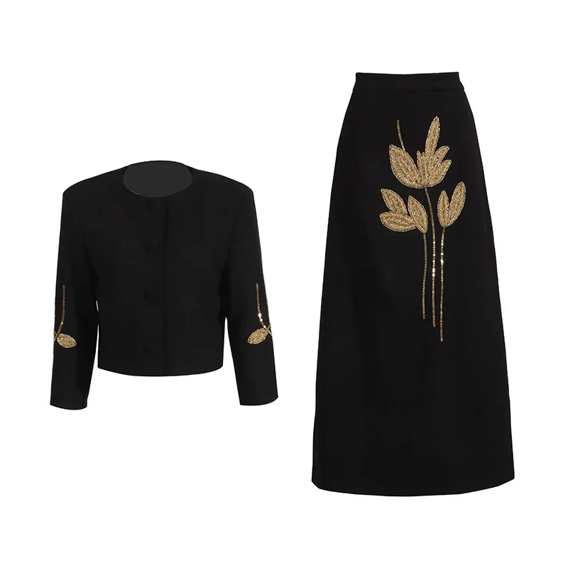 

[Vibe] French Style Socialite Style Set 2025 New Heavy Industry Flower Nail Bead Top+High Waist Skirt Two-piece Set