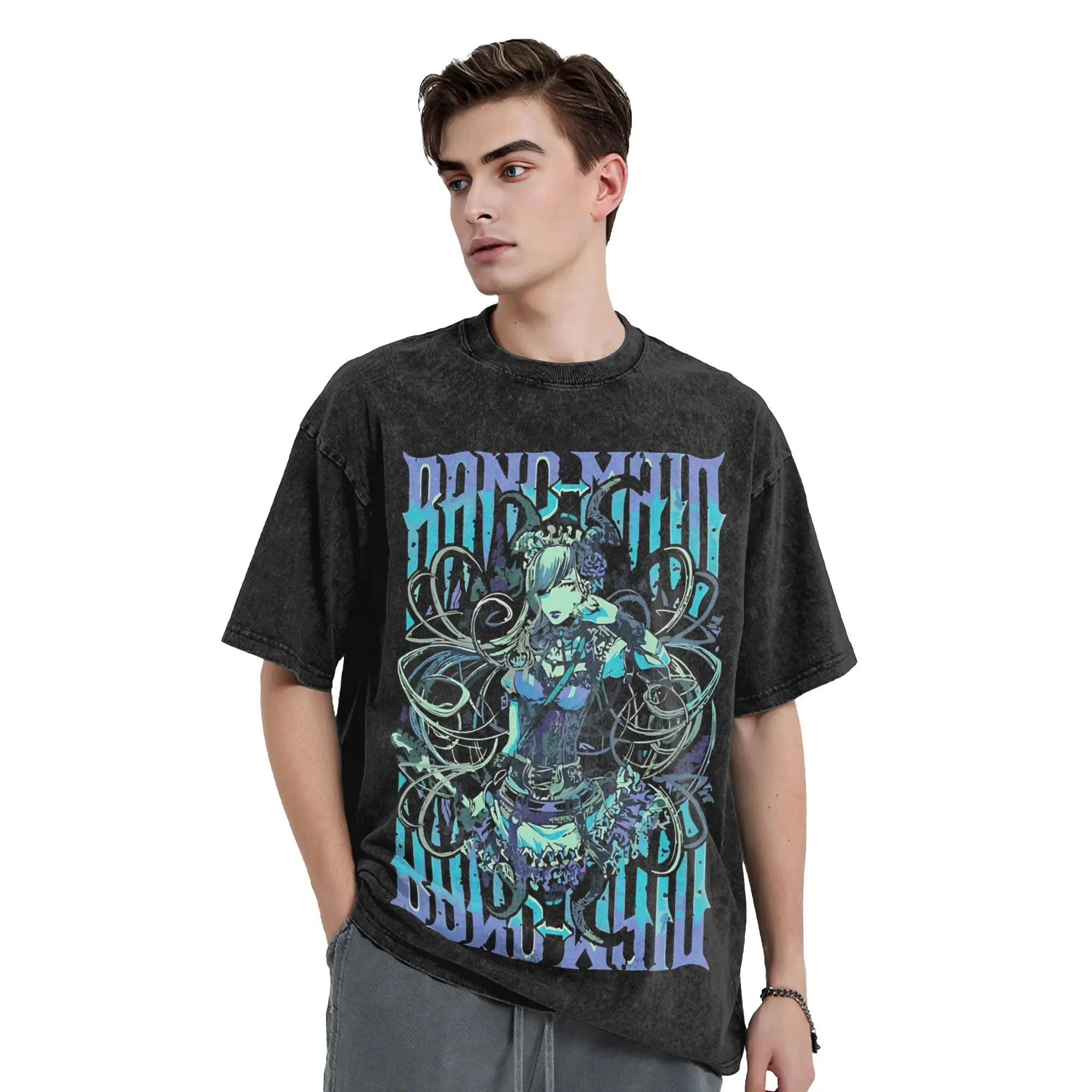 Washed T Shirt Brown Band Maid Beautiful Model Novelty T-Shirts Street  Streetwear Short Sleeve Printed Tops Tees for Men Women