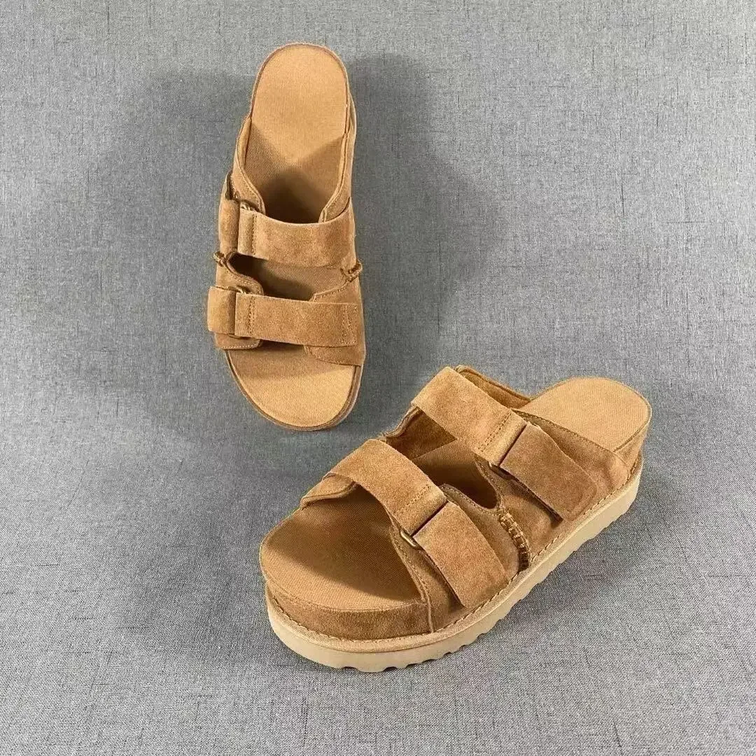 New women's thick soled sandals with buckle genuine leather for external wear and elevated exposed toe leather slippers