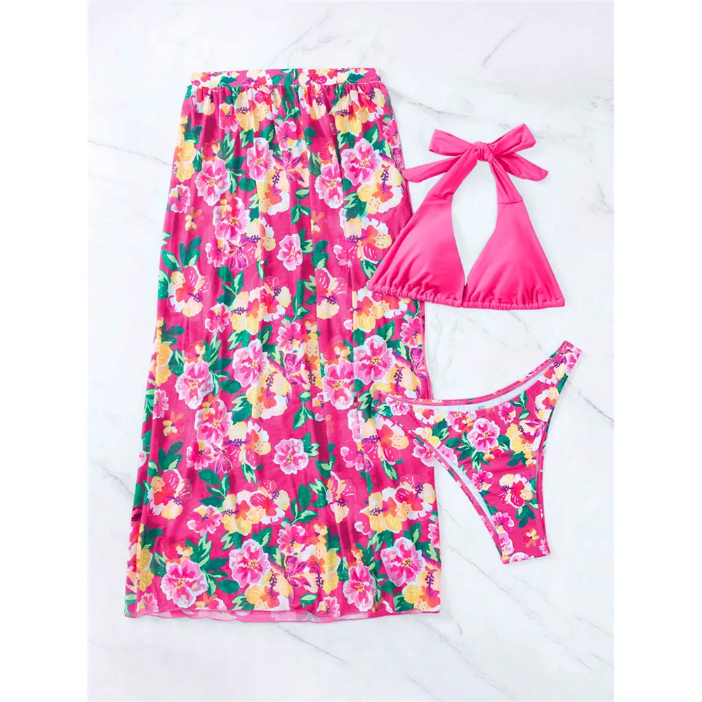 Sexy 3 Pieces Micro Bikini 2024 Women Swimsuit Female Swimwear with Floral Skirts Brazilian Beach Cover Up Bathing Suit Biquini