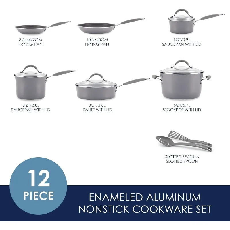 Rachael Ray - 16802 Rachael Ray Cucina Nonstick Cookware Pots and Pans Set, 12 Piece, Sea Salt Gray