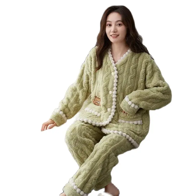 

Fashion Women's Pajamas Autumn Winter Soft Coral Velvetl Sleepwear 2 Piece Set Pants Suit Loose Warm Home Service Female 2023