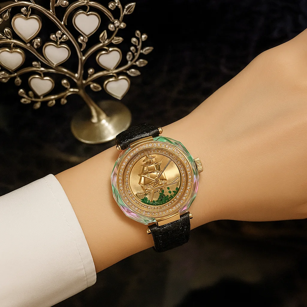 Princess Butterfly นาฬิกาข้อมือผู้หญิงควอตซ์แฟชั่นวินเทจนาฬิกาผู้หญิงปลาทองการเดินทางที่ราบรื่นเพชรหลากสีแบรนด์ดั้งเดิมนาฬิกาหนังของขวัญสำหรับผู้หญิง