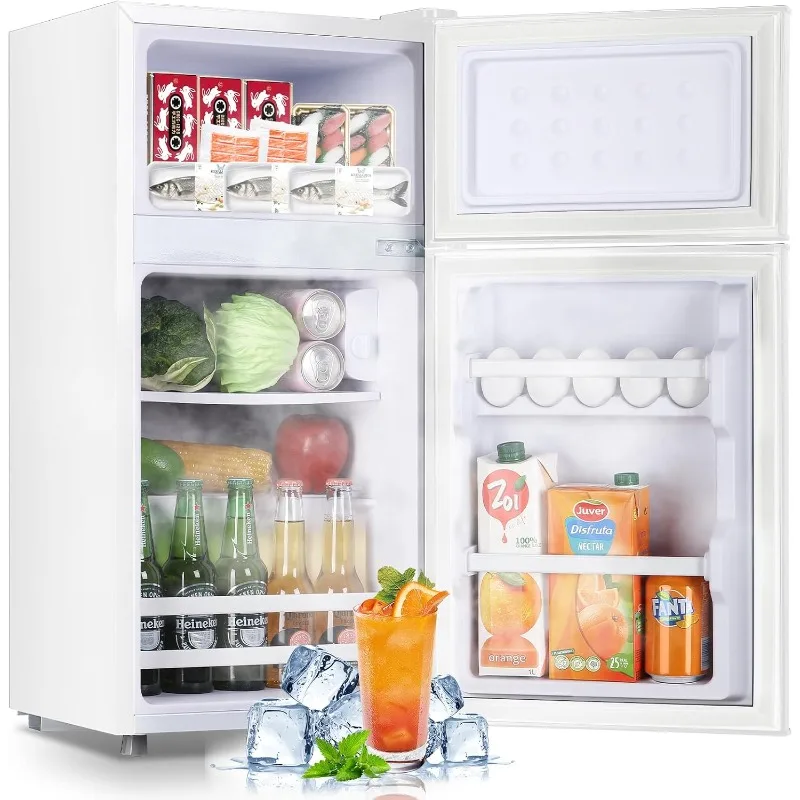Mini refrigerador pequeño de 2,4 pies cúbicos con puertas dobles, congelador separado y 7 controles de temperatura ajustables