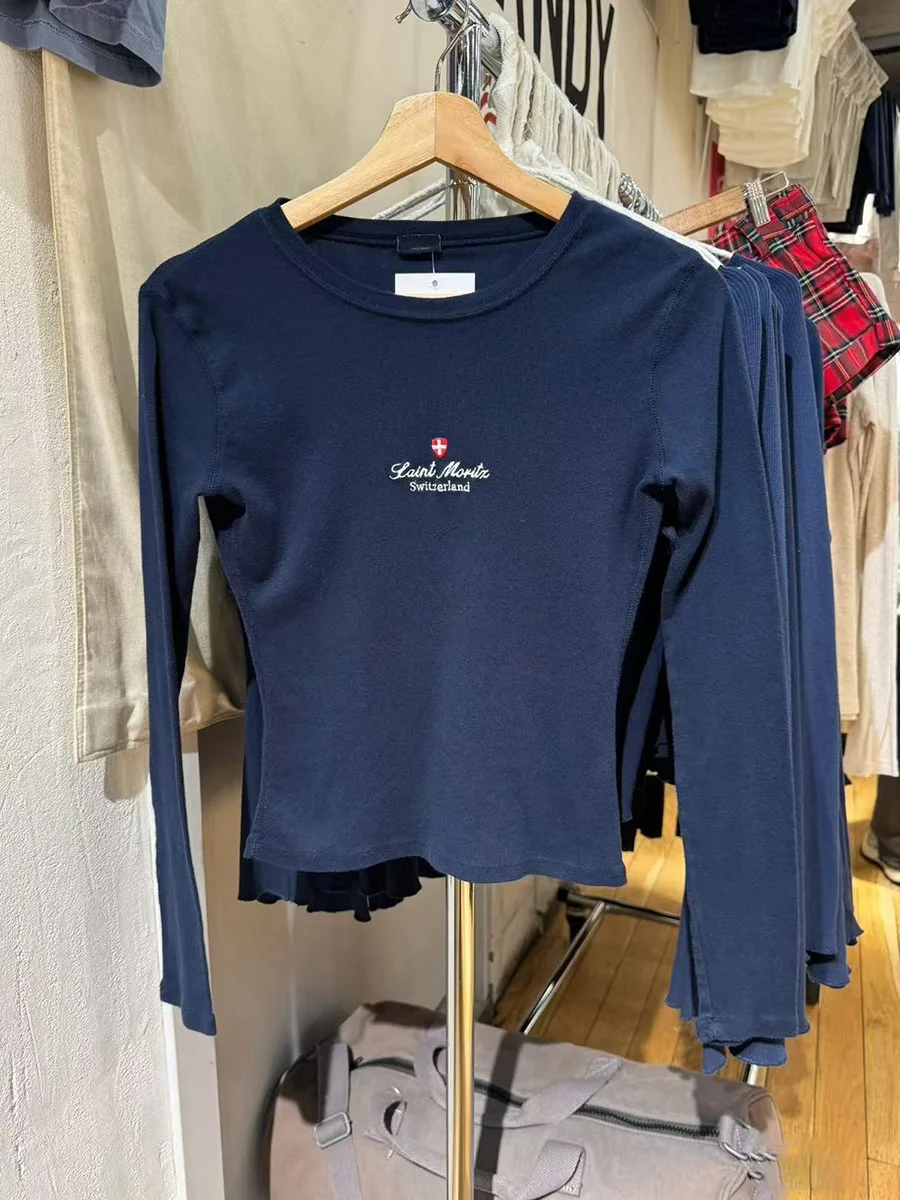 Vintage Navy Flag Embroidery Long Sleeve Tees Women Autumn New Slim Round Neck T-shirts Casual Streetwear Cotton Crop Top Y2k