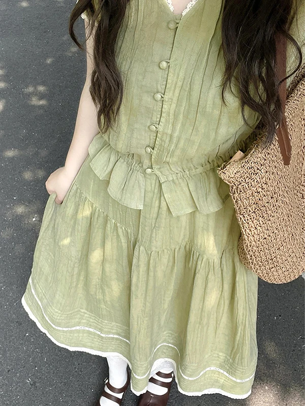 

Slimming Lace Vest And Skirt Set Women's Fashion Summer New Style Sweet Girl Anti-Aging Two-Piece Suit Short Sleeve V-Neck Bu...