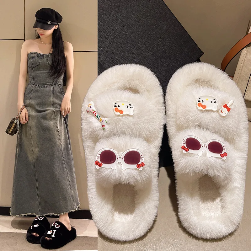 Winter Warm Home Slippers Cute Lolita Hello Kitty Open Toed Slippers School Outdoor Versatile Plush Cotton Shoes for Women