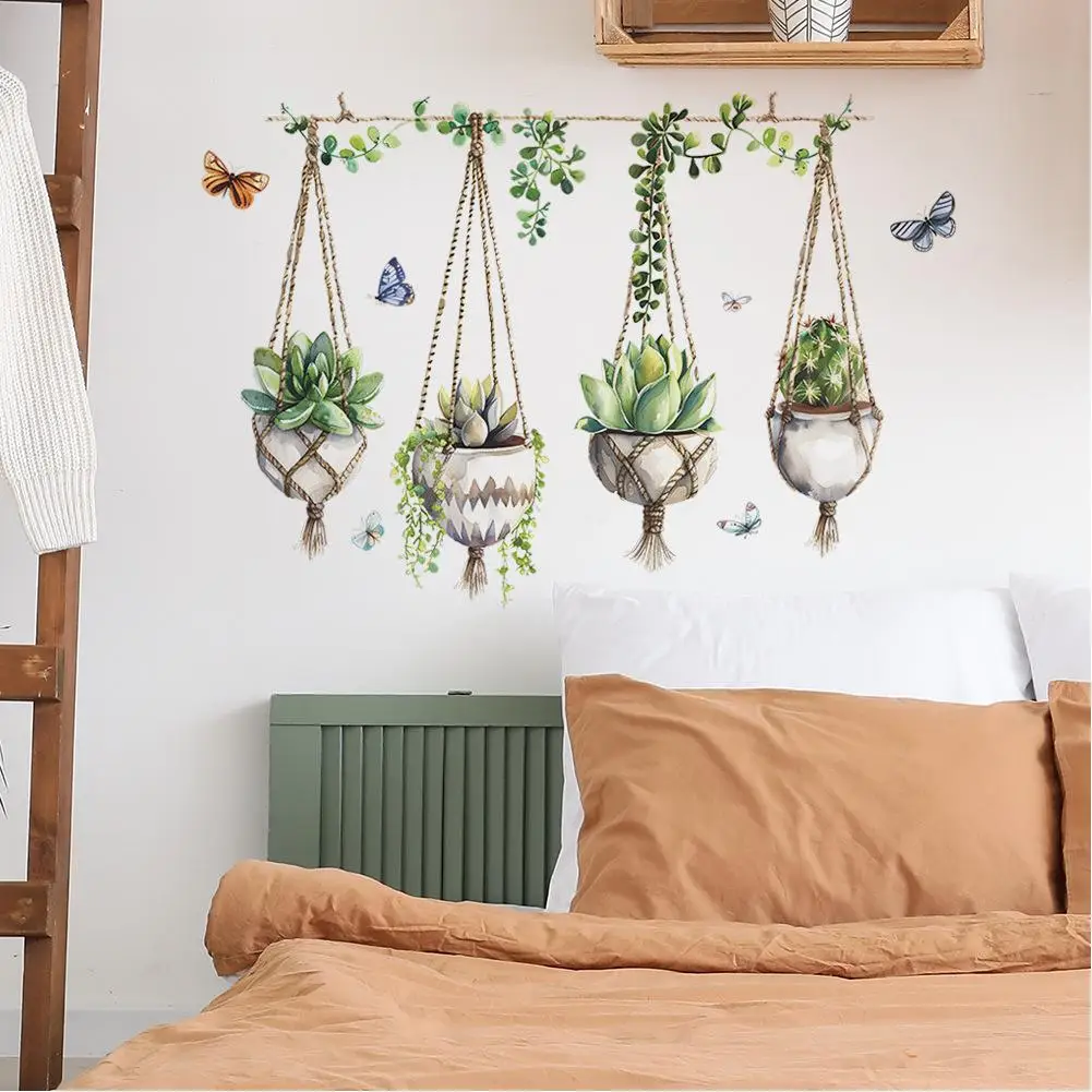 2pcs Hanging Potted Plant Wall Decals Peel Succulent Plants Wall Stickers Home Decor DIY Sticker For Bedroom Sofa Background