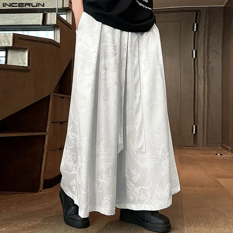

INCERUN Men's Wide Leg Pants Vintage Elastic Waist Loose Trousers For Man Streetwear Ethnic Style Casual Long Pants With Belt