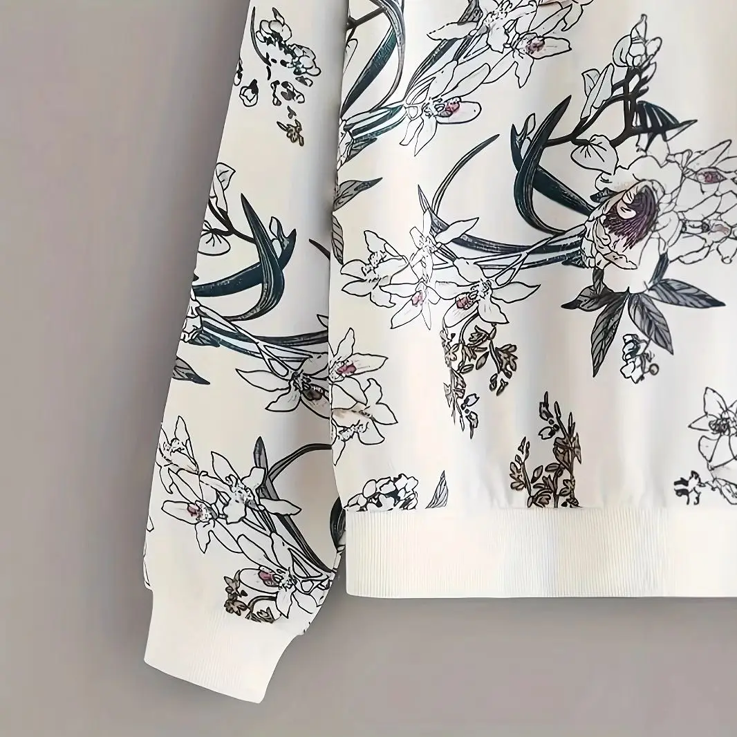 Bluza z okrągłym dekoltem, opadającymi ramionami, z kwiatowym nadrukiem roślinnym, nowy styl, długi rękaw, lekka, 2025