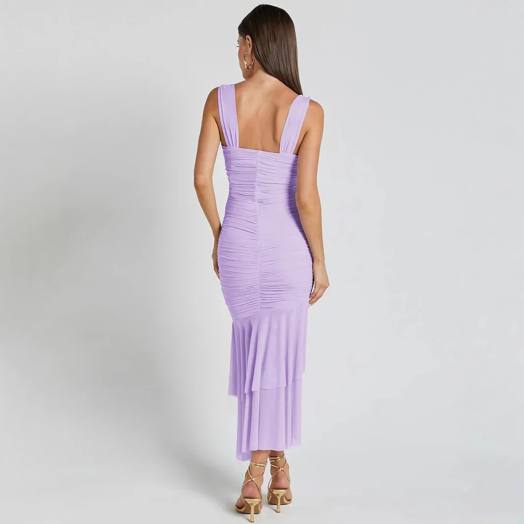 2025 verão moda emenda feminino cinta vestido dupla camada malha simples cor sólida feminino apertado vestidos de banquete