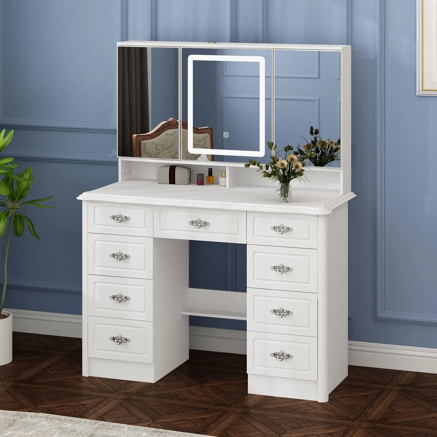 White Vanity Desk with Trifold Mirror & LED Light, 9 Drawers & Shelves, 3 Color Modes, Silver Handles, Customized