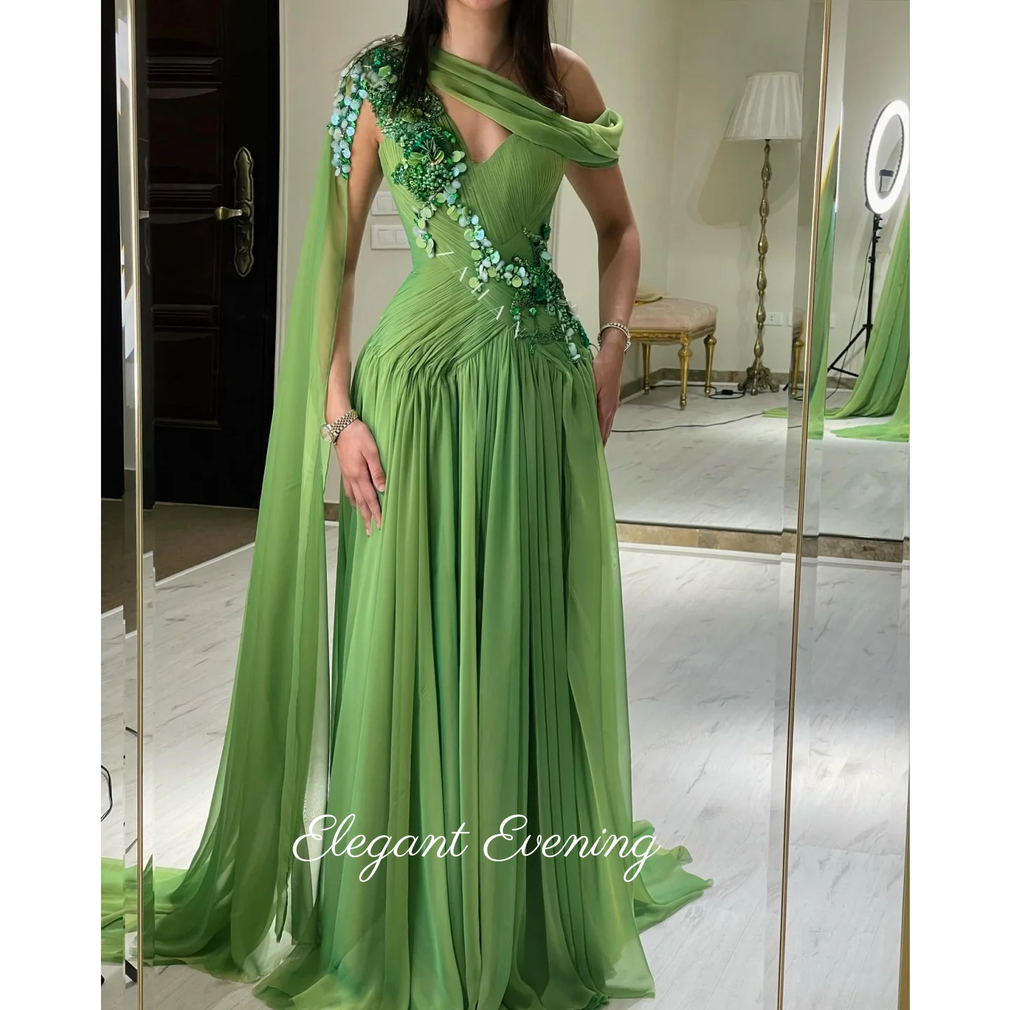 

Green Beadings Evening Dress Strapless Prom Dresses V Neck A-Line Customized One Shoulder Saudi Arabia Wedding Party Dress 2025
