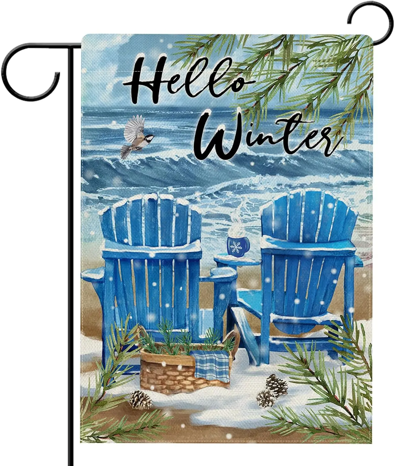 Hzppyz Hello Winter Blue Sea Chairs Garden Flag Double Sided, Beach Ocean Pine Tree Coastal Decorative Yard Outdoor Home Sma LLG