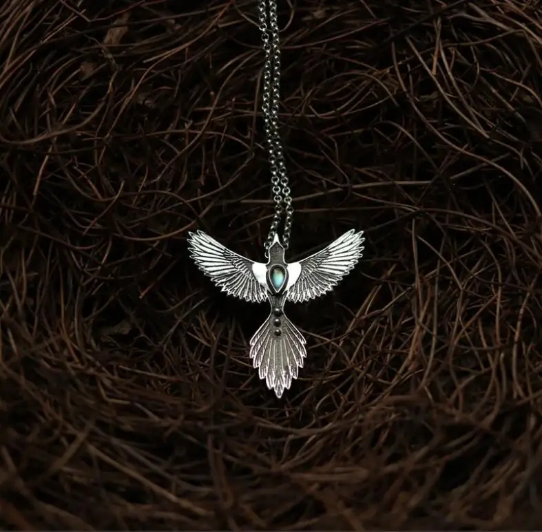 Europe America Retro Silver Color Invisible Inlay Embellished Blue Zircon Phoenix Pendant Necklace UNISEX Leisure Daily Necklace