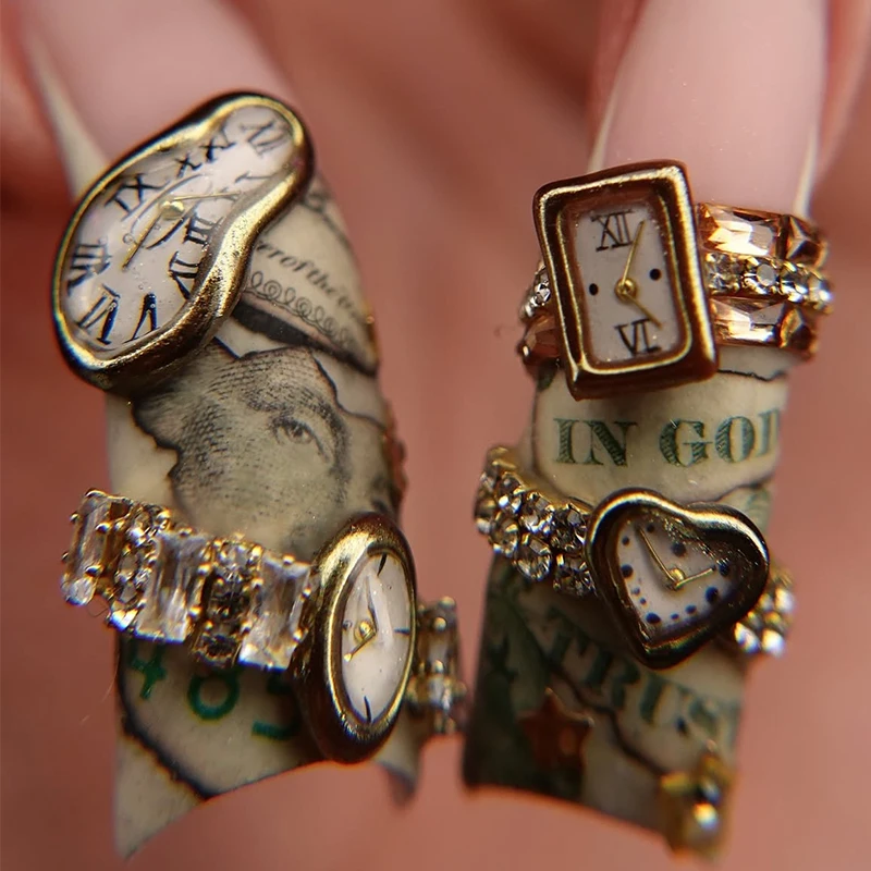 Mix 12 pcs Gold and Silver punk Wind Vintage clock Nail Trim Alloy Rhinestone Metal Style DIY Nail Styling
