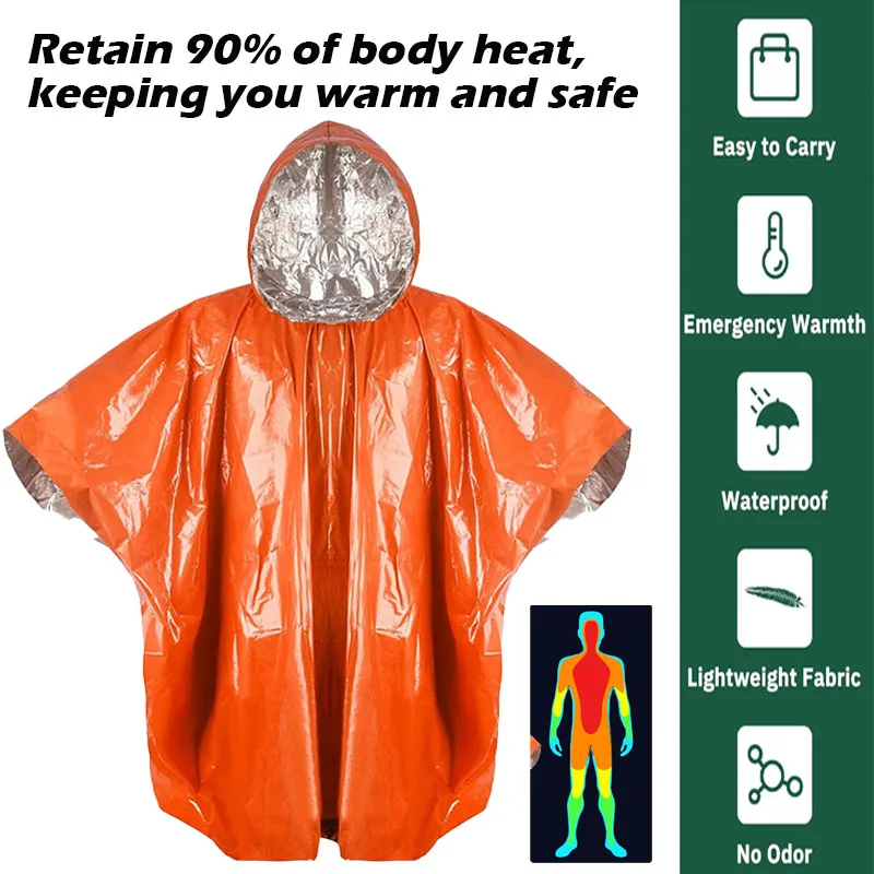 

Emergency Poncho Reversible Warm Raincoat Insulated Blanket Reusable Outdoor Survival Blanket with Hood for Camping Survival Kit