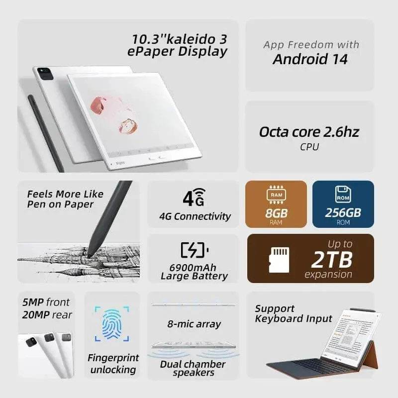 B10 Ebook Reader, 10.3'' Color E-Ink Screen, Dual Cam, 8+256GB, Android 14, Paper-Like E-Reader 4G Calling 6900mAh Battery