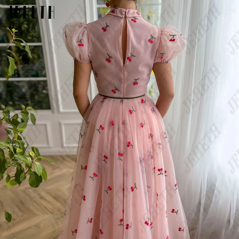 JEHETH Floral Print Prom Dresses Short Puff Sleeves Pink A-Line Floor Length Tulle Pastrol Party Gowns Formal Occasions Dress