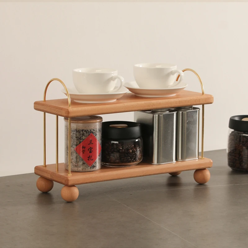 Table Top Solid Wood Brass Corner Shelf, Coffee Machine Next To Cup Tea Set Storage Racks, Dining Side Cabinet Kitchen Organizer