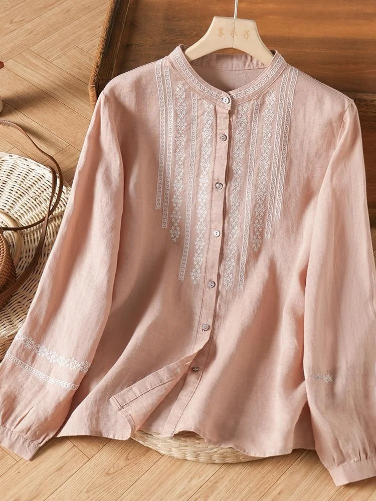 

Ele Cotton Linen Women's irt Embroidered Slimming Spring Faion Artistic Retro Sle Long Sve Stand Collar Top