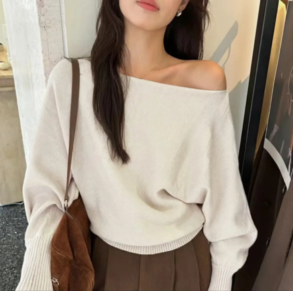 Knitted Batwing Long Sleeve Pullover Women Thick Off Shoulder Top Korean Fashion Sweater Loose Casual Autumn Outwear Pull