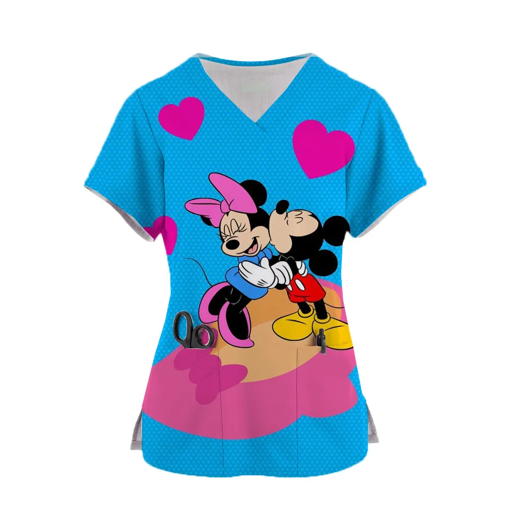 

Mickey Mouse Ladies Nurse Uniform Short Sleeve V-neck Workwear Cartoon Print Working Uniform Woman Casual Medical Nursing Blouse