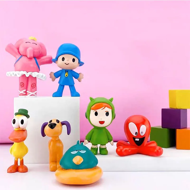 Conjunto de 7 Peças de Brinquedos de Animais Kawaii Pocoyo, Bonecos de Pássaro, Pato, Elefante, Modelos de Cenário, Figuras de PVC de Anime e Desenho Animado