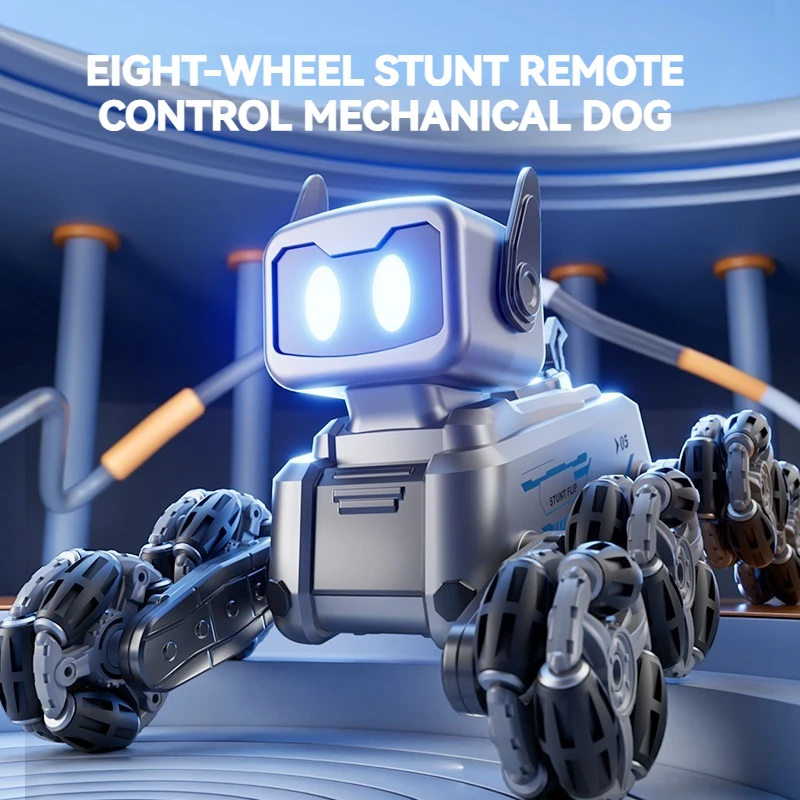 Eight-Wheel RC Stunt Robot Dog, Performs Sitting/Standing/Lying Down Modes, Music & Light, 3 Batteries Included, 30-50M Control Range, ABS Plastic
