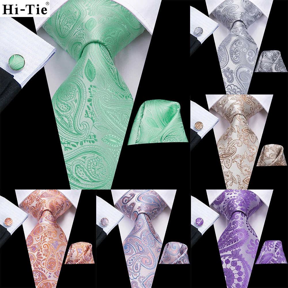 

Hi-Tie Mint Green Paisley Silk Wedding Tie For Men Summer Fashion Design Hanky Cufflink Gift Set Business Party Dropshipping