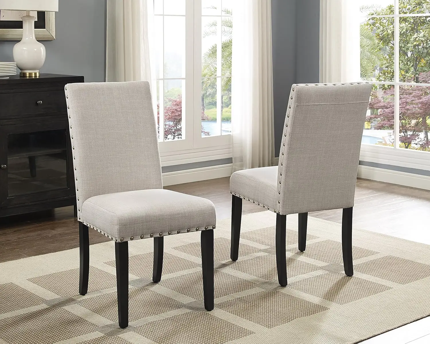 Tan Fabric Dining Chairs with Nailhead Trim, Set of 2, Brown, Tan