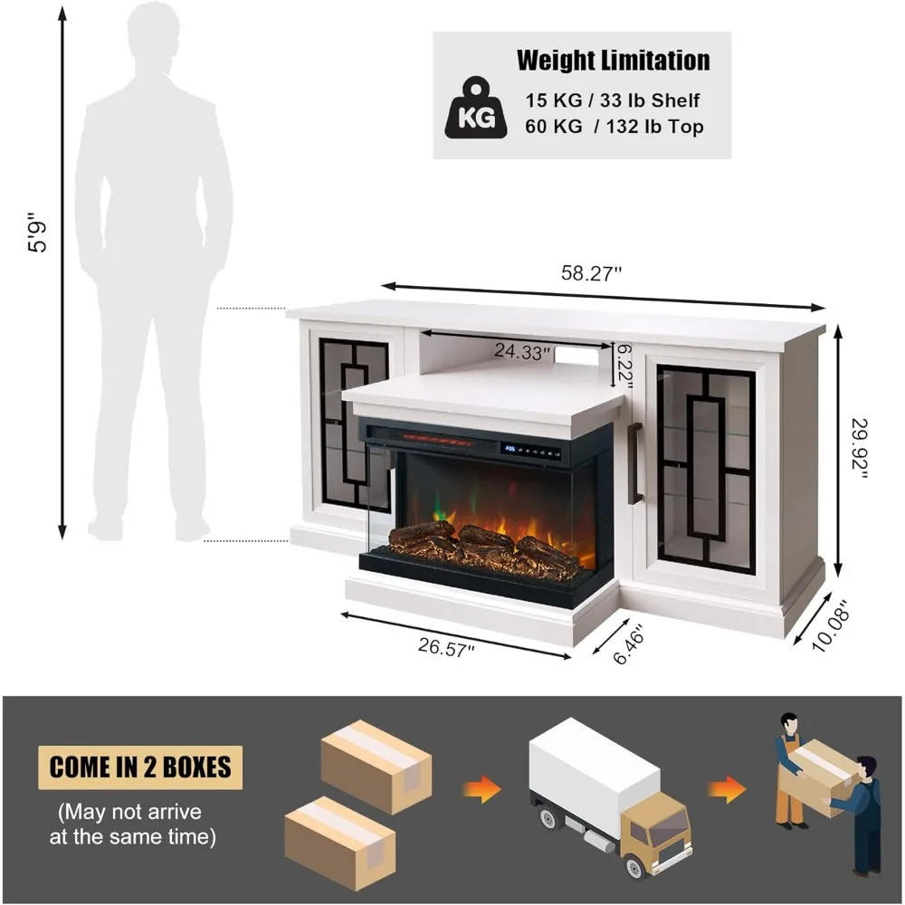 59 Inch LED TV Stand for TVs up to 65 Inch with 3-Side Glass Fireplace, Adjustable Flame & LED Color, 24’’ Fireplace, TV Stand