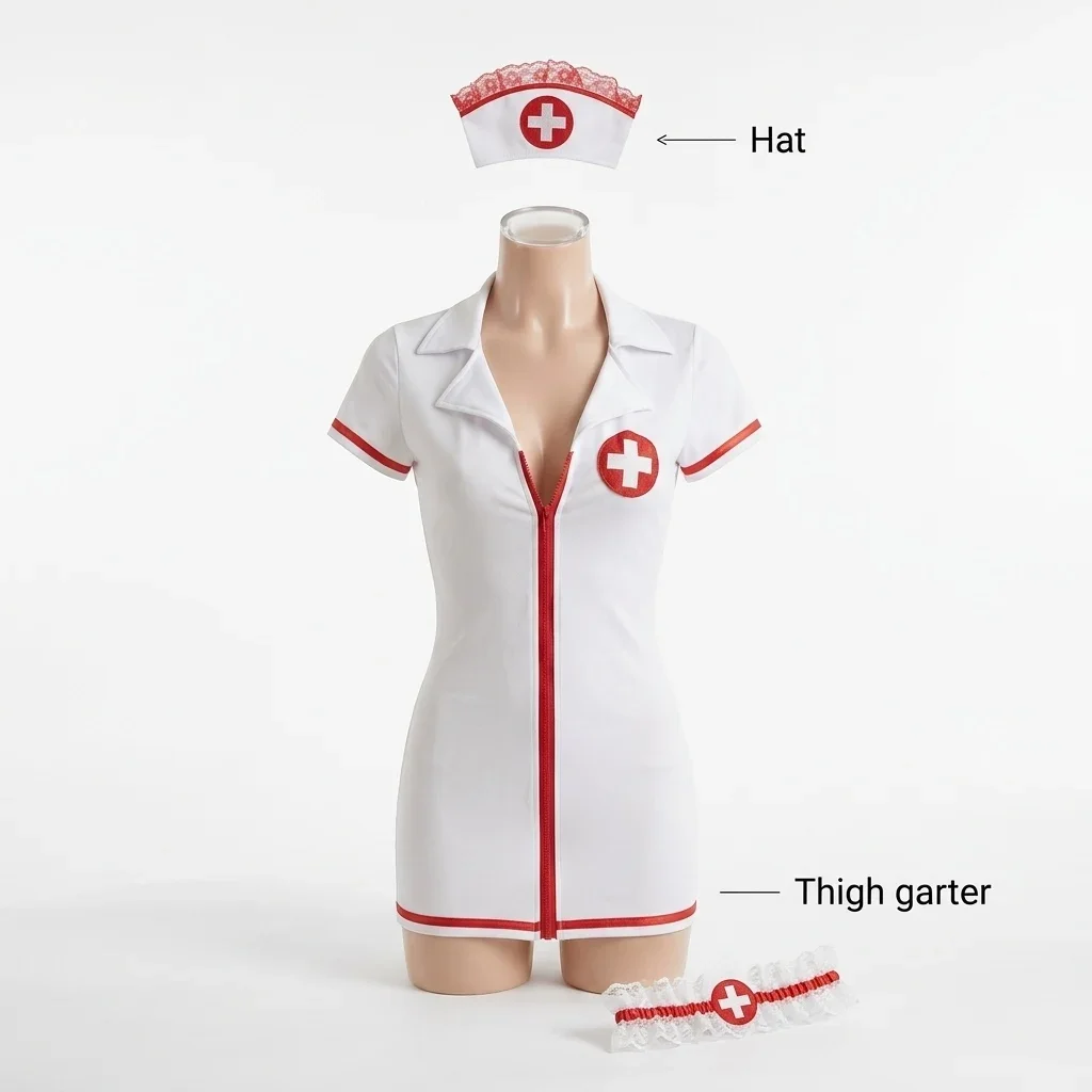 Women Masquerade Theme Party Cosplay Suit Nurse Temptation Uniform Set 2-Piece Christmas Halloween Dress with Headwear view 5