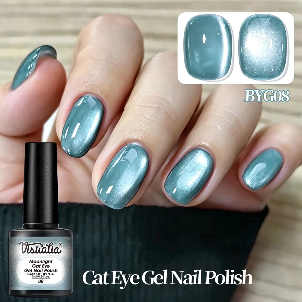 Visuatia Moonlight Cat Eye Nail Polish, Clear Lake Blue Color, Excellent Gel Elasticity, Thin Application Can Still Show Color, Creating an Atmospheric Nail Art, Suitable for Casual Outings, Dates, and Various Occasion