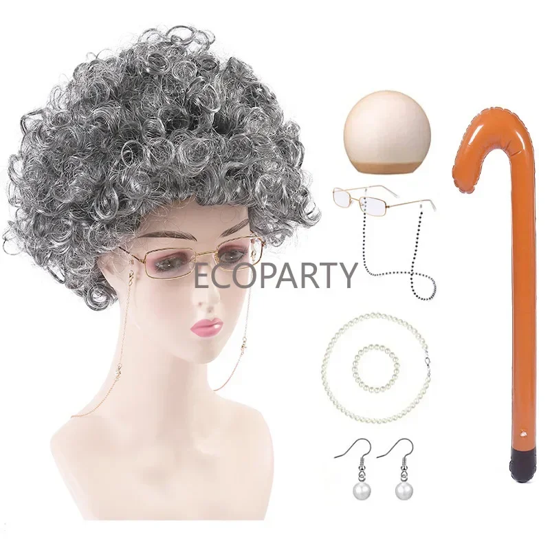 Old Lady Costume Set-Grandmother Wig,Wig Caps, Madea Granny Glasses, Eyeglass Retainer Chain,Pearl Necklace wand disfraz